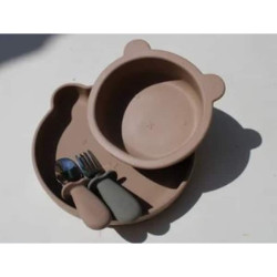 Assiette ours ventouse silicone taupe : chezlescanailles